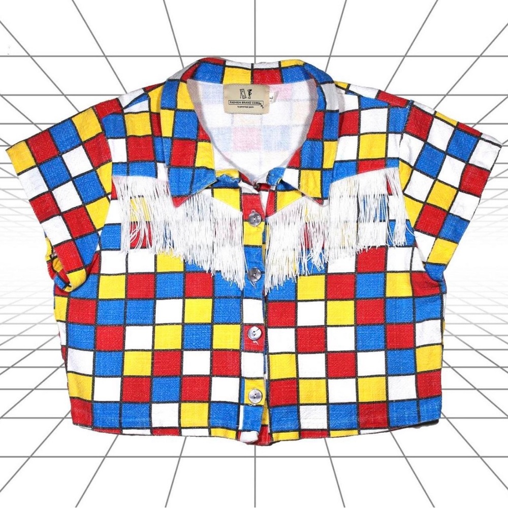 Fashion Brand Company Linen Primary Check fringe top - Size L